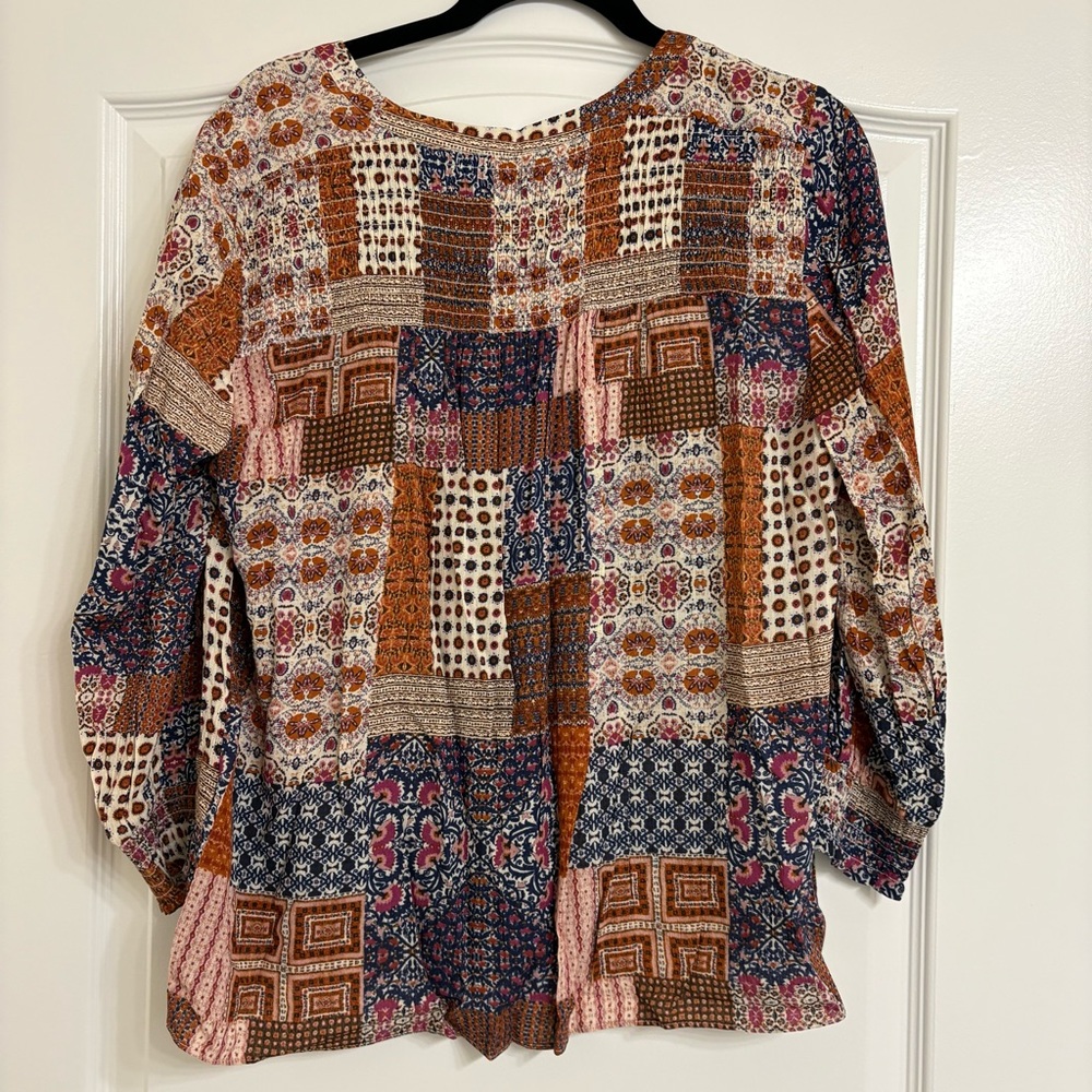 Rose + Olive Patchwork Print Boho Blouse - Multicolor Fall - Picture 2 of 5